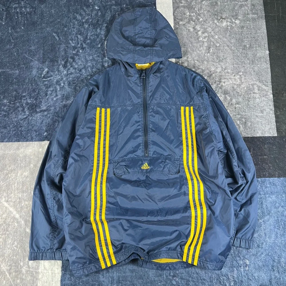 Y2K Adidas Boys XL Navy Blue Stripe Hooded Half Zip‎ Anorak Windbreaker Jacket